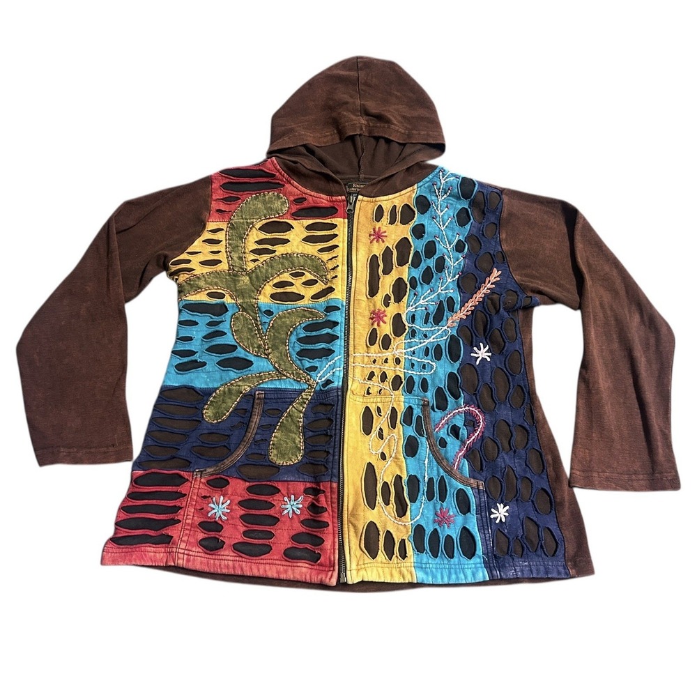 Rising‎ International Patchwork Full Zip Hoodie Hippie Boho XL Pockets Fairy